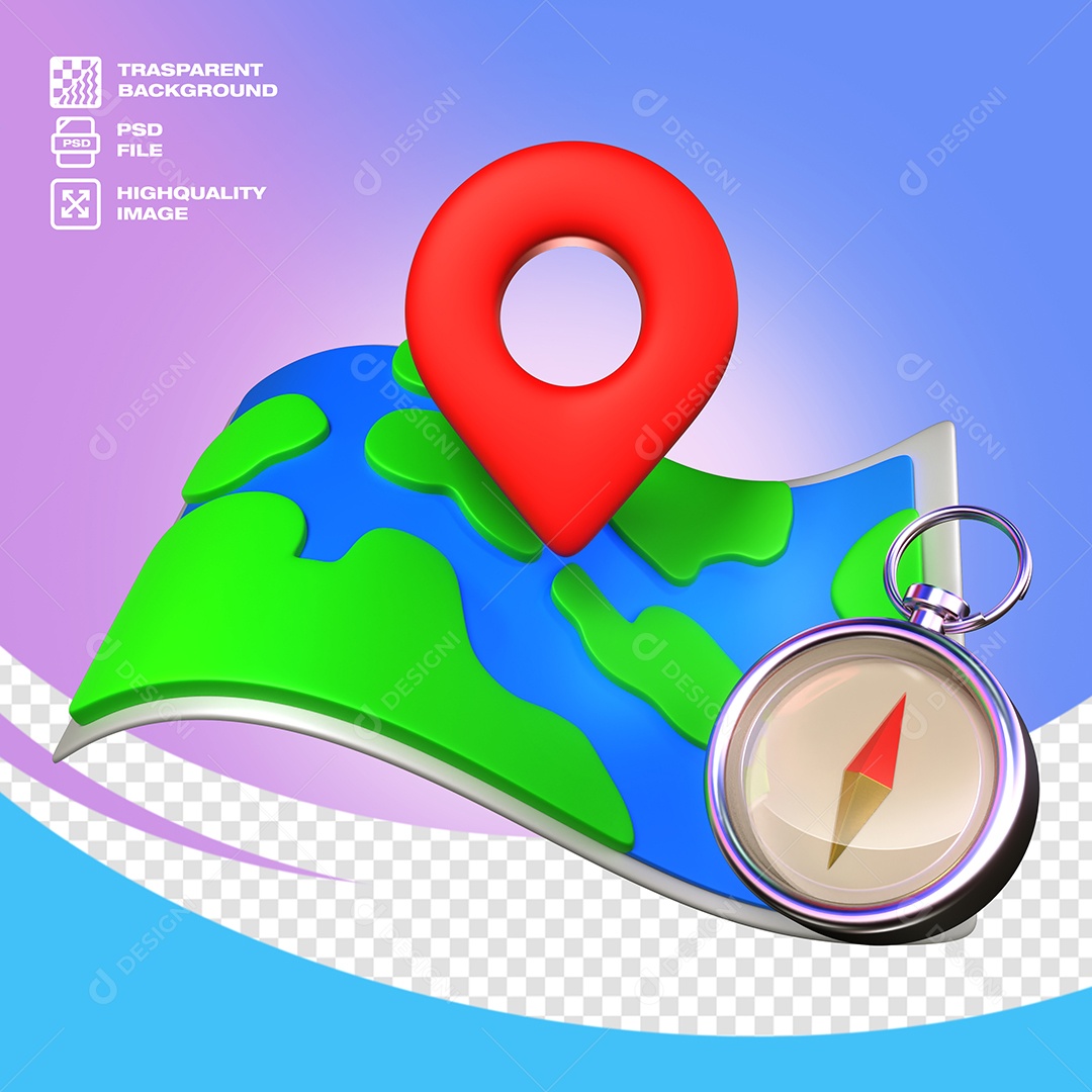 Mapa e Bussola Elemento 3D para Composição PSD