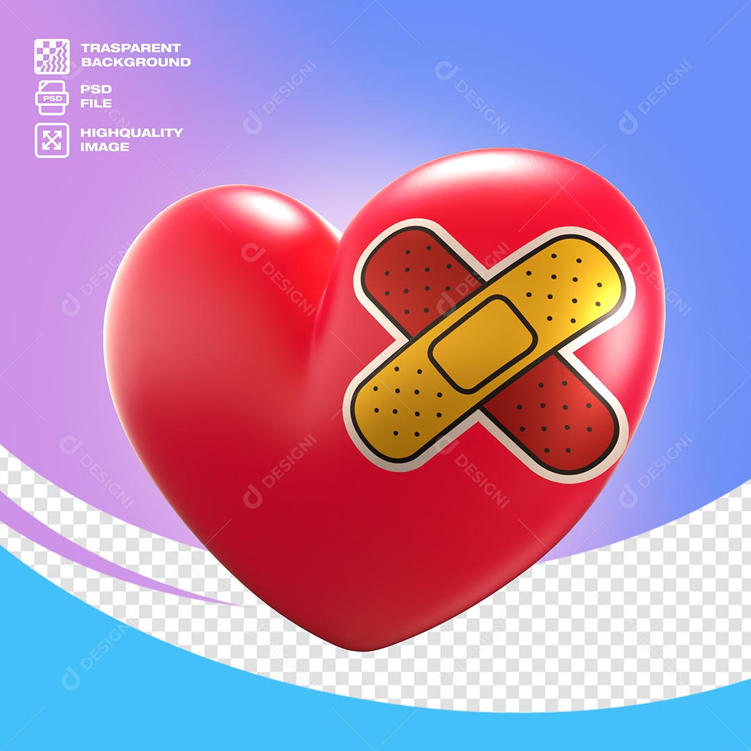Coração com Curativo Elemento 3D Vermelho para Composição PSD