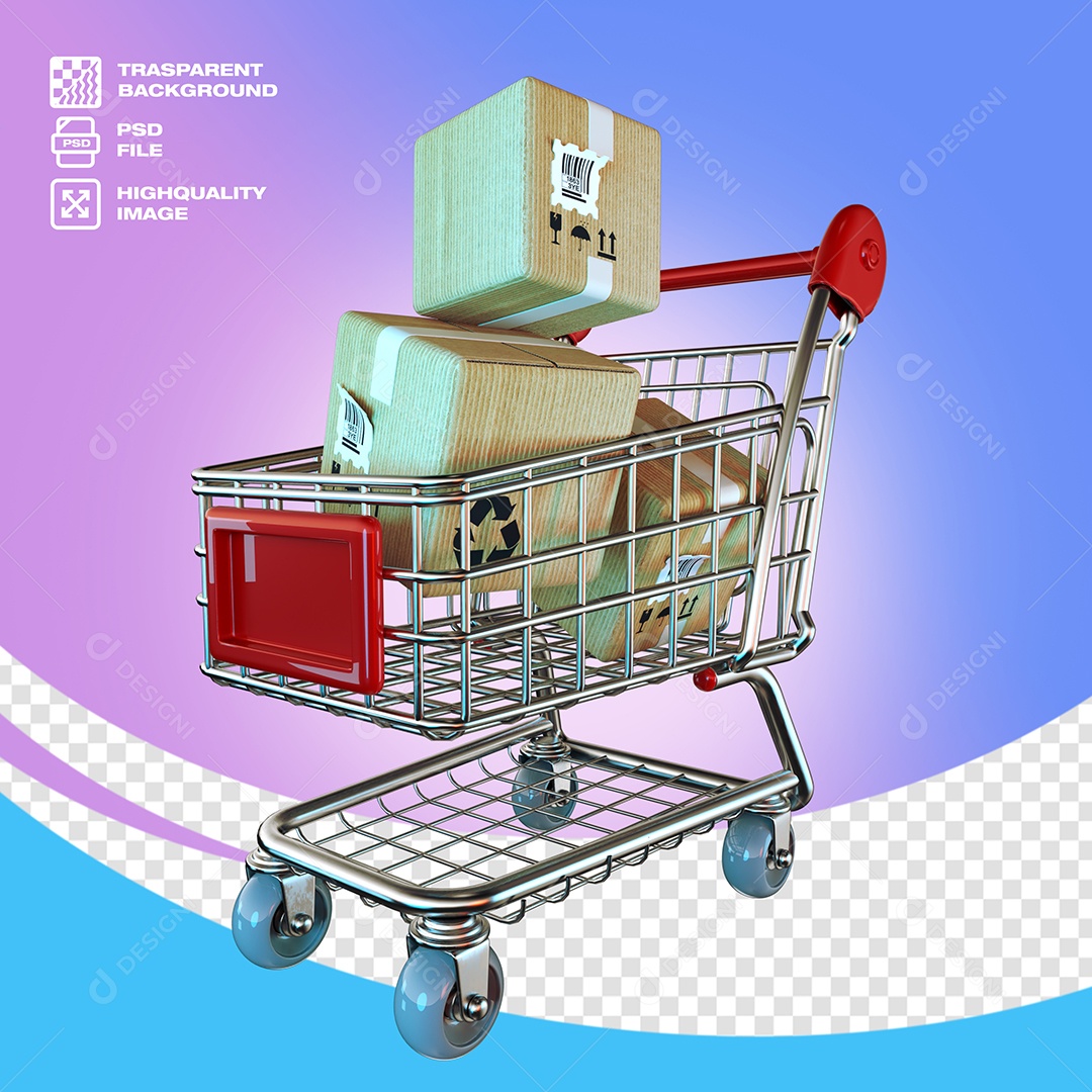 Carrinho Cheio de Caixas Elemento 3D para Composição PSD