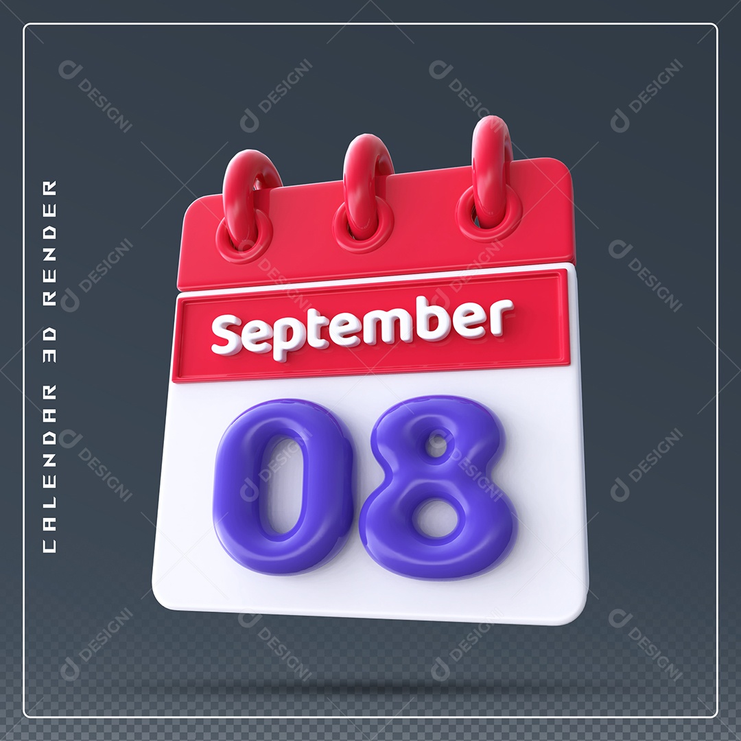 Calendário 3D Vermelho e Azul Dia 08 Para Composição PSD