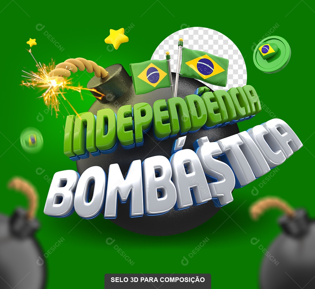 Independência Bombástica Selo 3D Verde e Branco para Composição PSD
