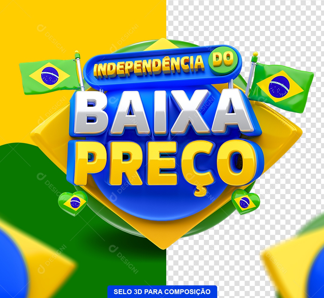 Selo 3D Independência do Baixa Preço Azul e Amarelo para Composição PSD