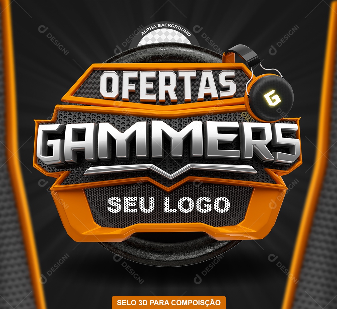 Selo 3D Ofertas Gammers Laranja e Branco para Composição PSD