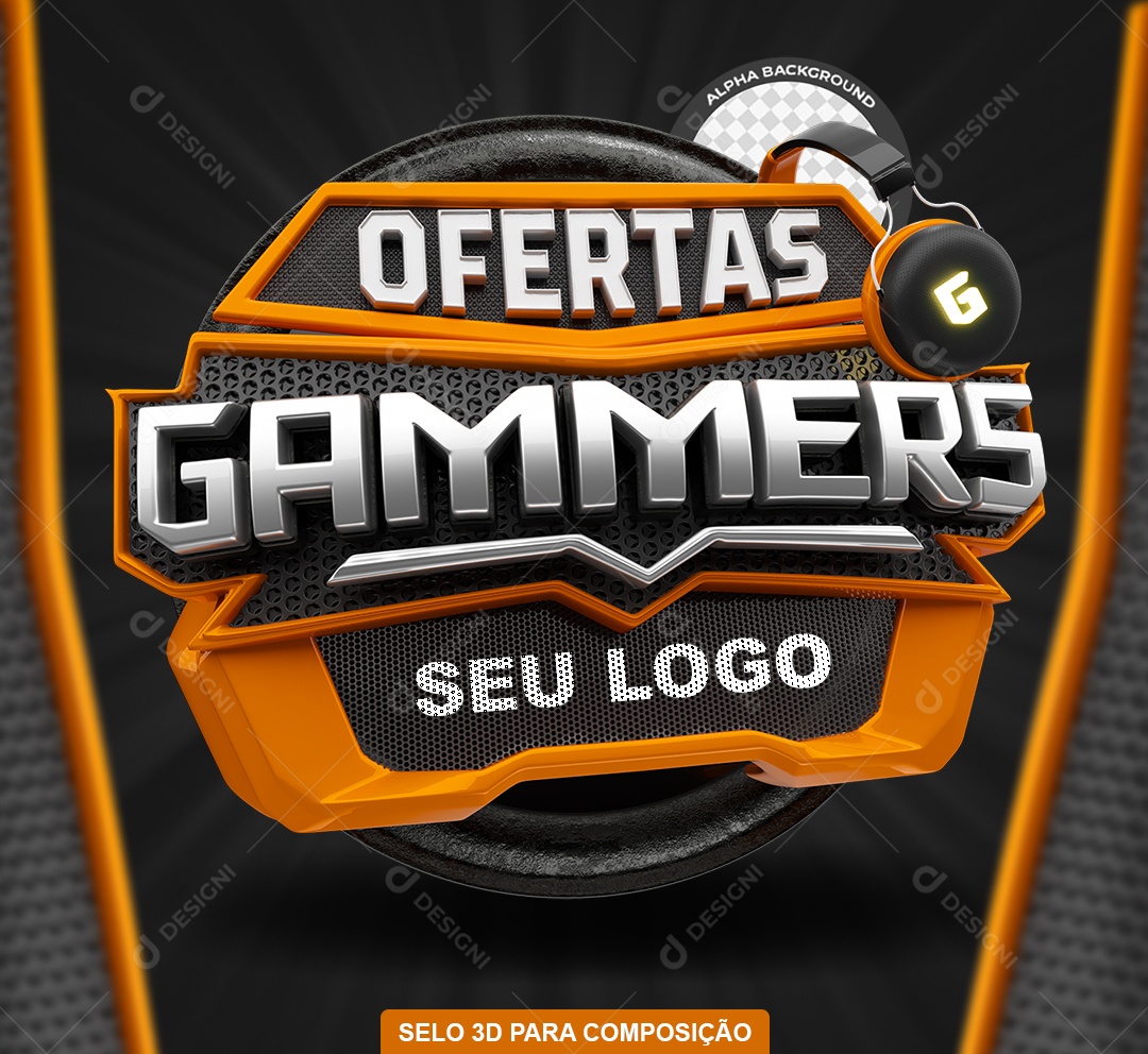 Ofertas Gammers Selo 3D Laranja e Branco para Composição PSD