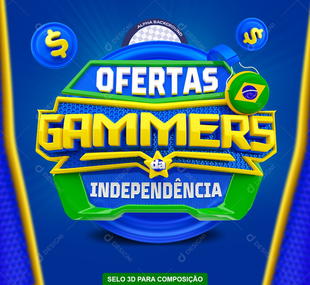 Selo 3D Ofertas Gammers da Independência Verde e Amarelo para Composição PSD