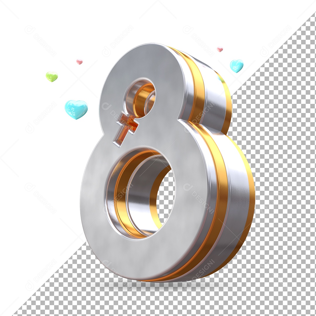 Número 3D 8 Prata e Dourado para Composição PSD
