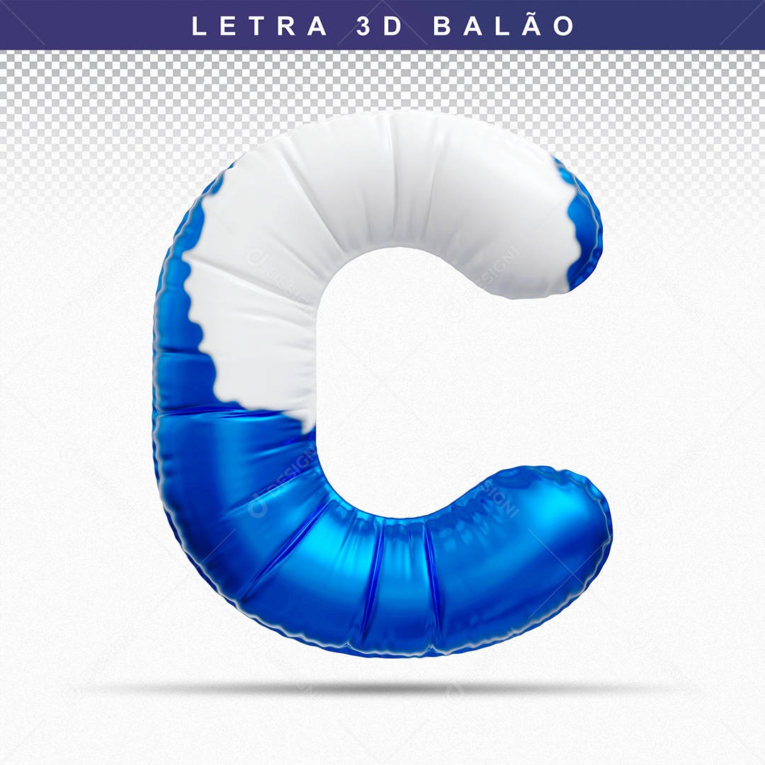 Balão de Letra C Maiúscula Elemento 3D Azul e Branco para Composição PSD