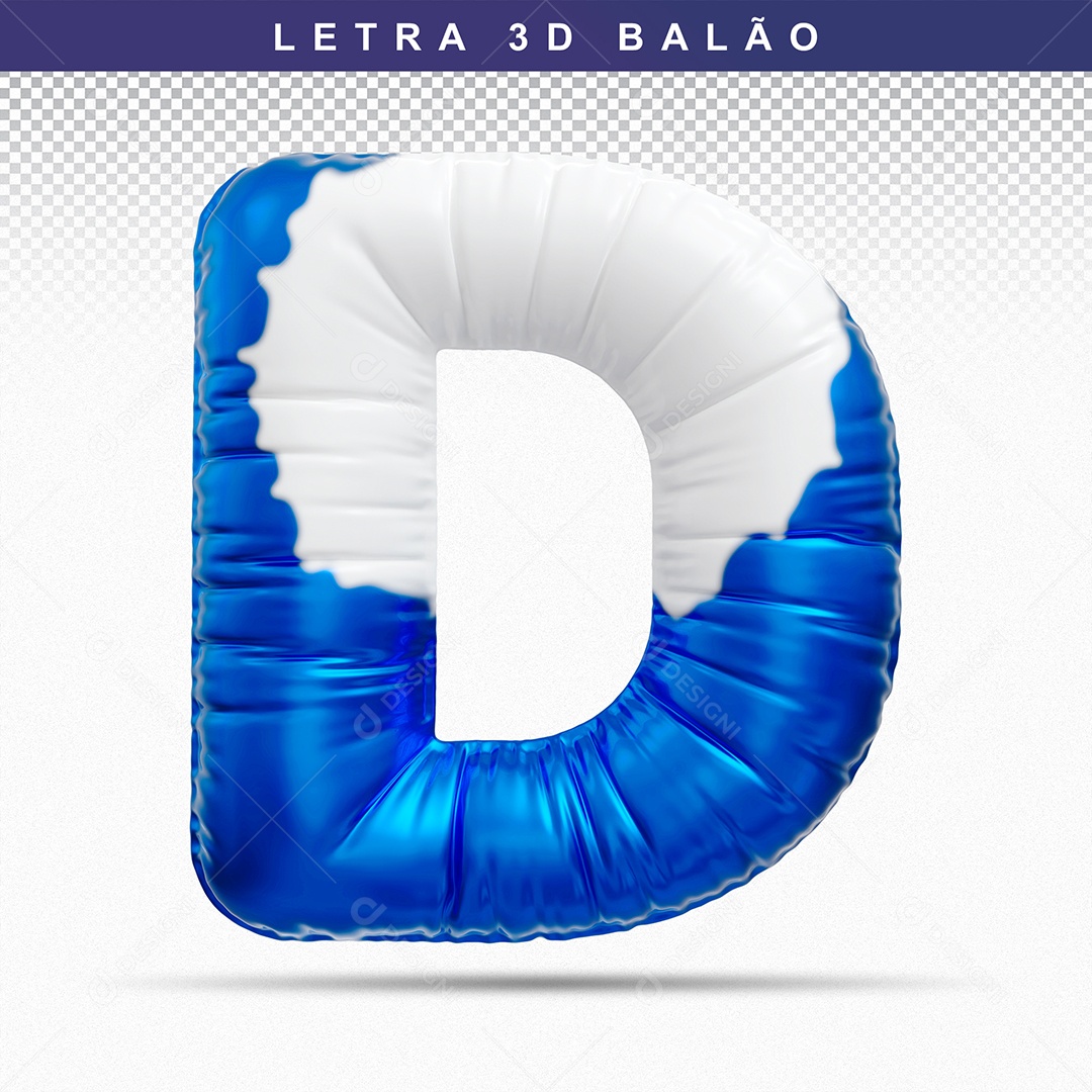 Balão de Letra D Maiúscula Elemento 3D Azul e Branco para Composição PSD