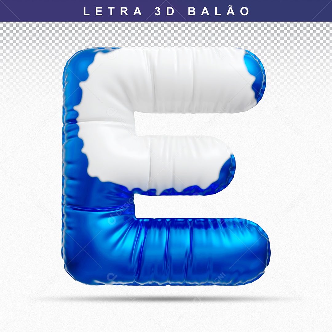 Balão de Letra E Maiúscula Elemento 3D Azul e Branco para Composição PSD