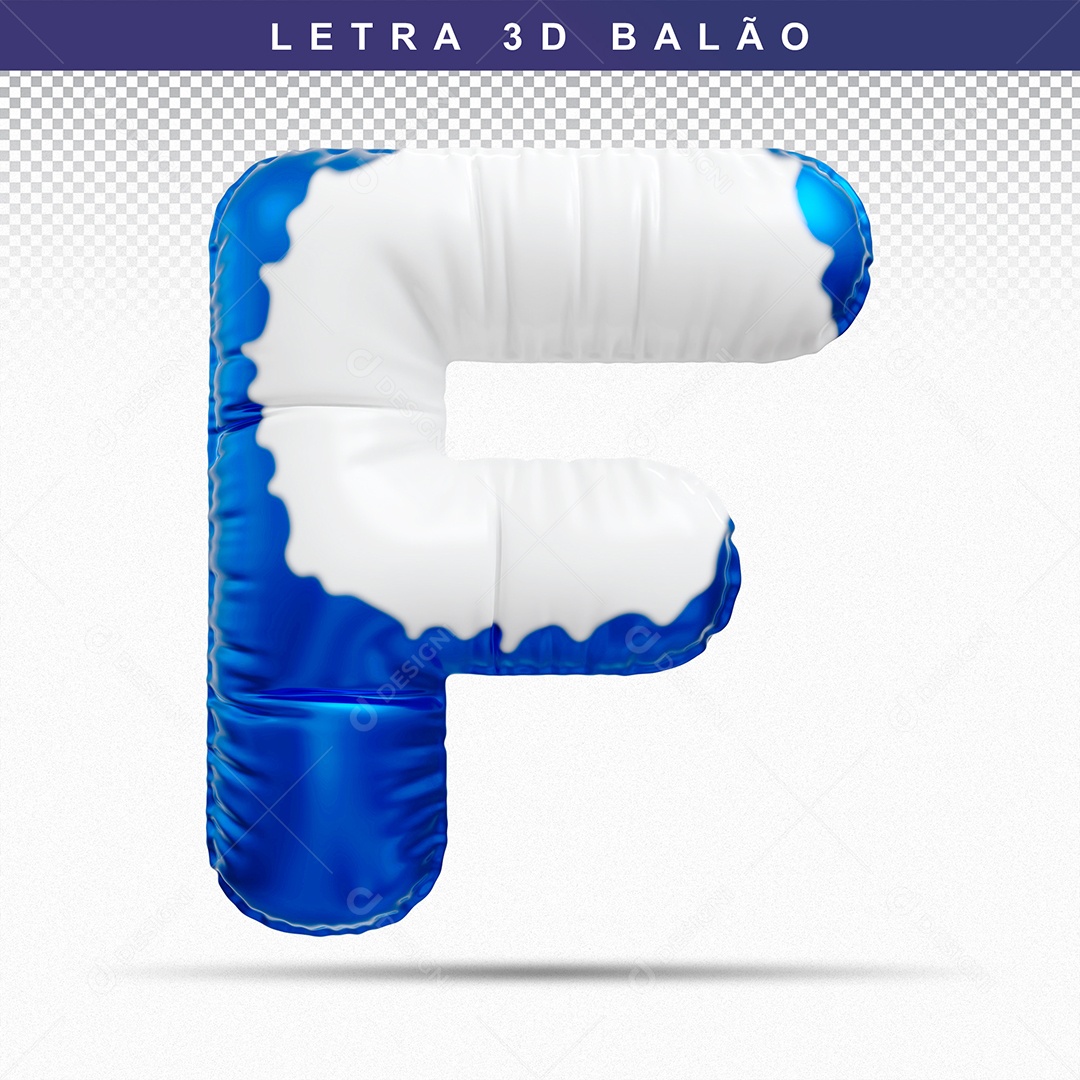 Balão de Letra F Maiúscula Elemento 3D Azul e Branco para Composição PSD