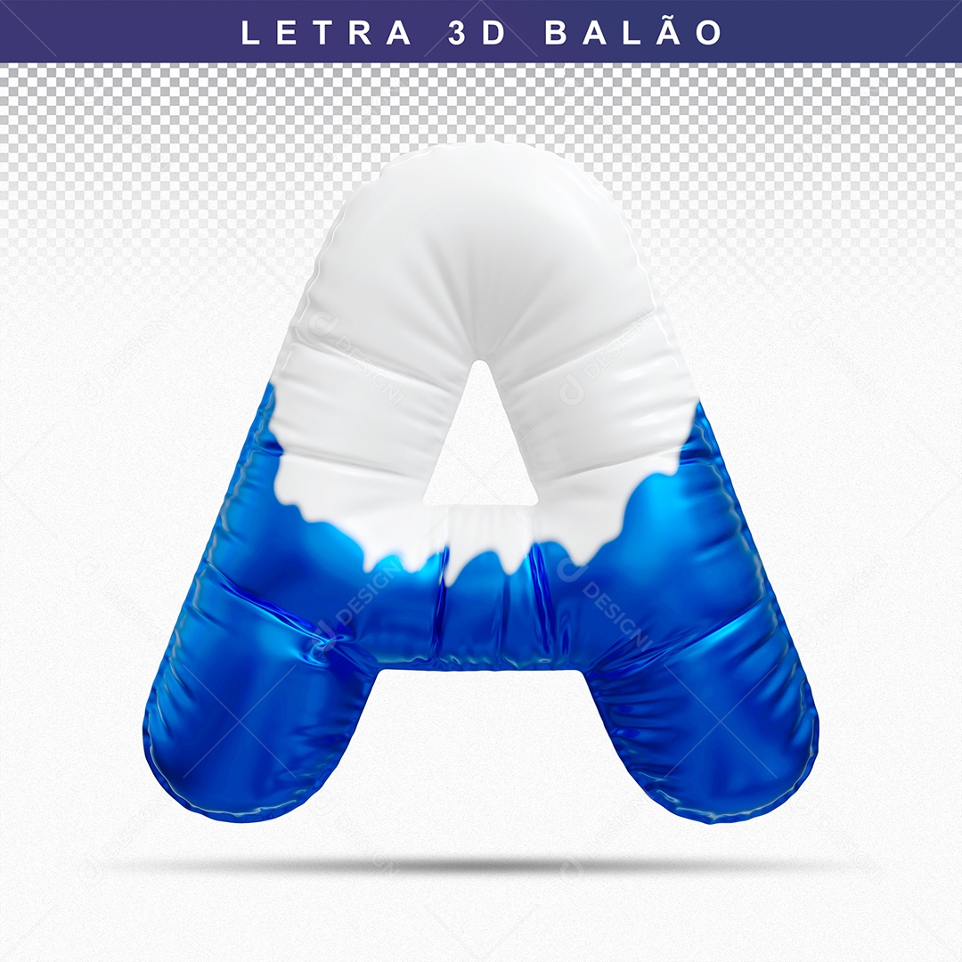 Balão de Letra A Maiúscula Elemento 3D Azul e Branco para Composição PSD