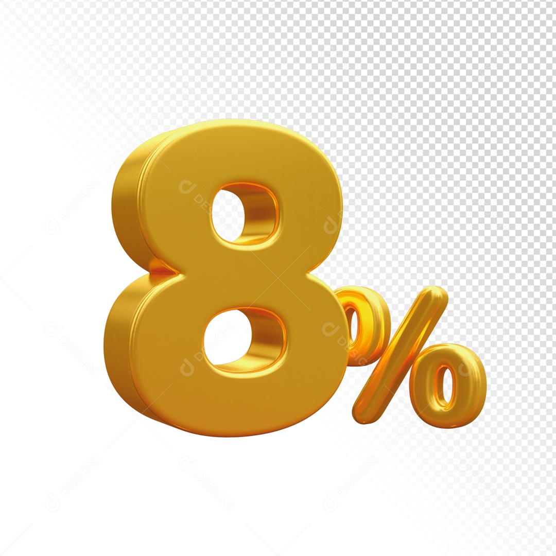 Desconto de 8% Elemento 3D Dourado para Composição PSD