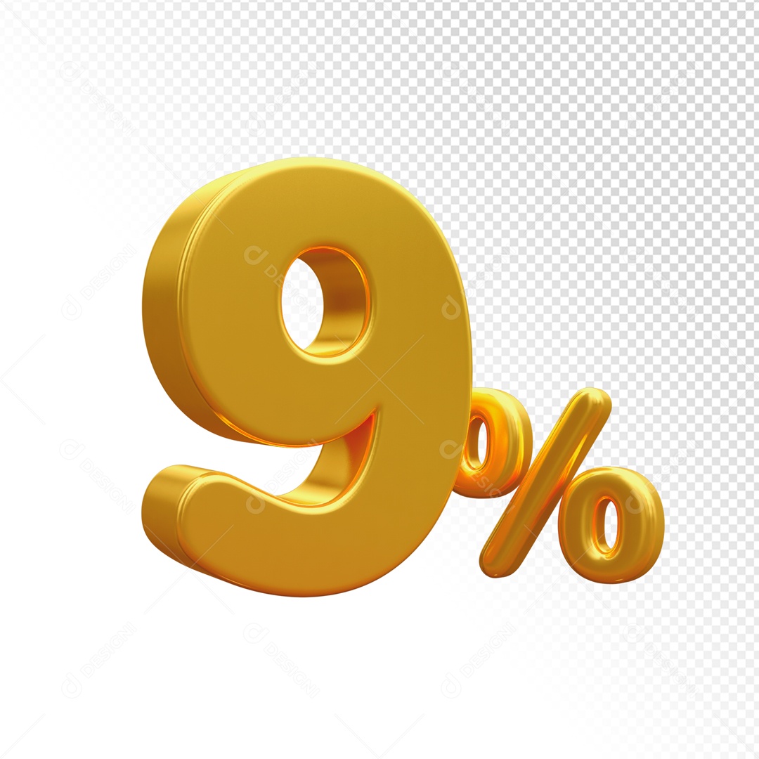 Desconto de 9% Elemento 3D Dourado para Composição PSD