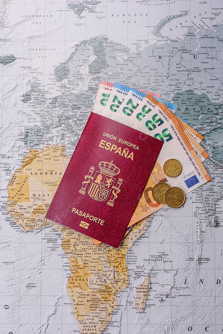 Fundo conceitual para viagens com passaporte, lupa, mapa mundial e dinheiro. Papel de parede para seu projet