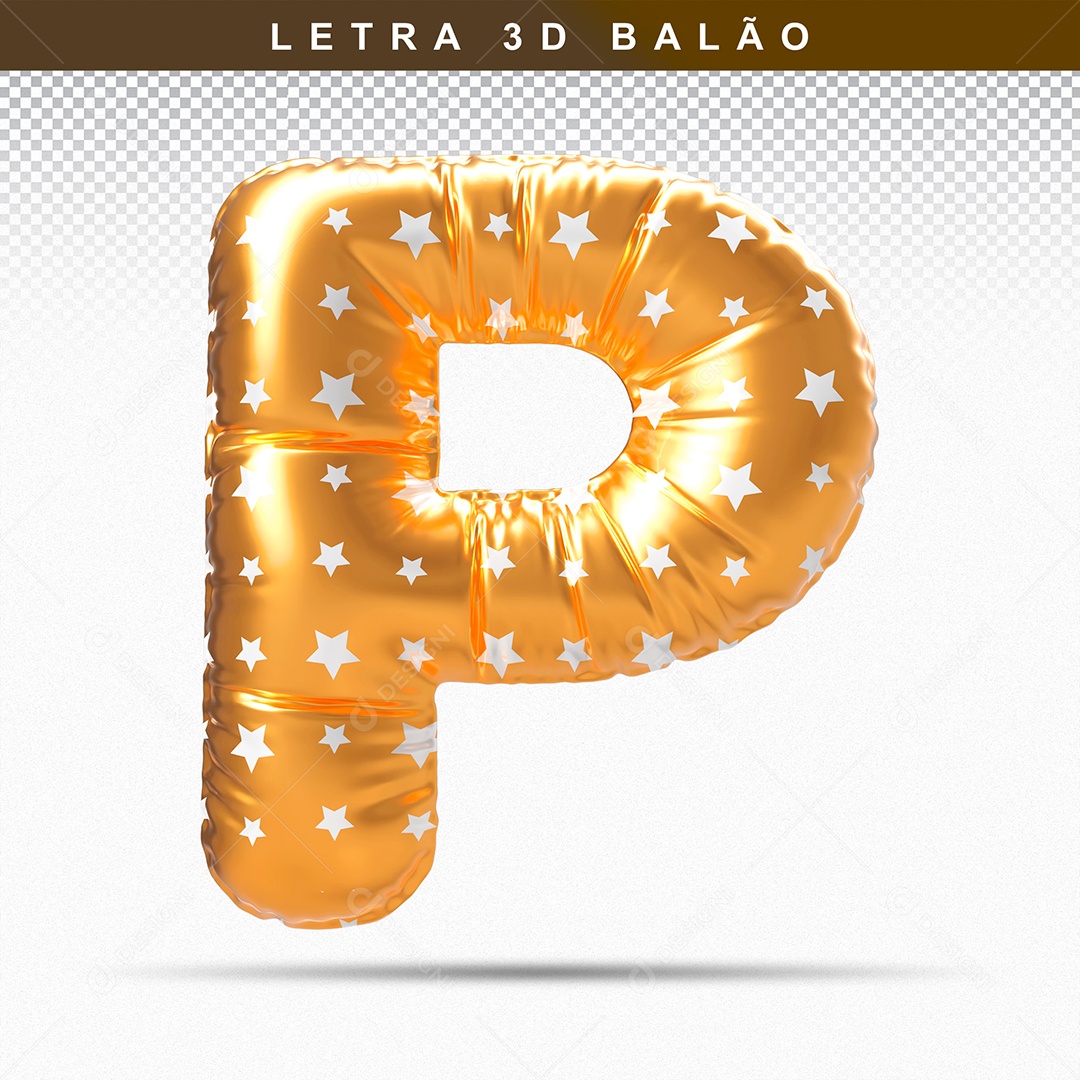 Balão de Letra P Maiúscula Elemento 3D Dourado  para Composição PSD