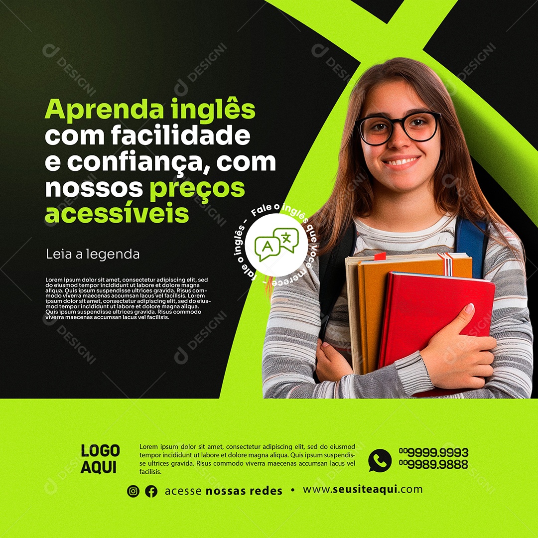 Escola de Inglês Preços Acessíveis Social Media PSD Editável