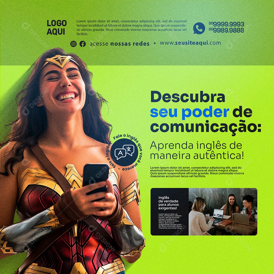 Escola de Inglês Descubra Seu Poder de Comunicação Social Media PSD Editável