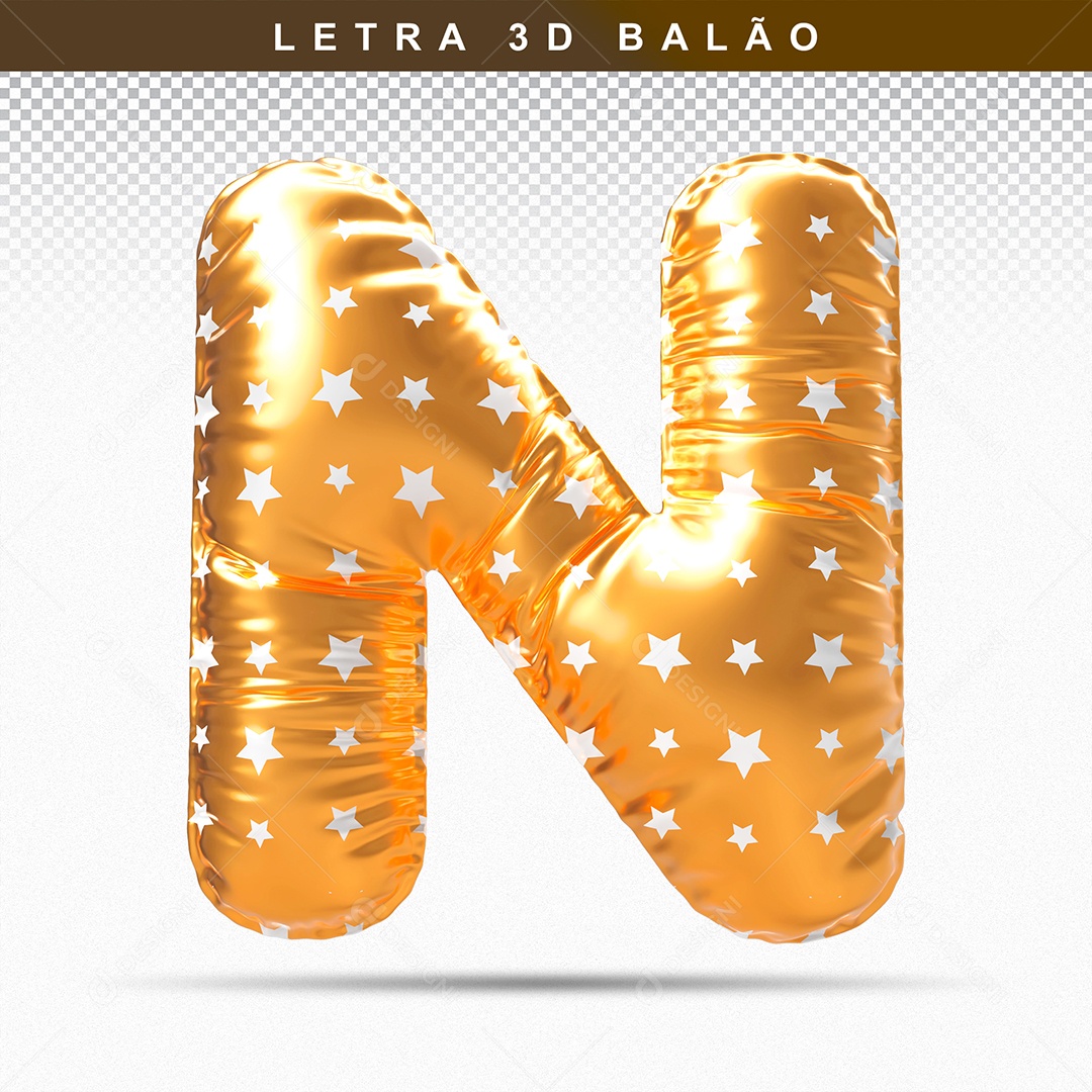 Balão de Letra N Maiúscula Elemento 3D Dourado  para Composição PSD
