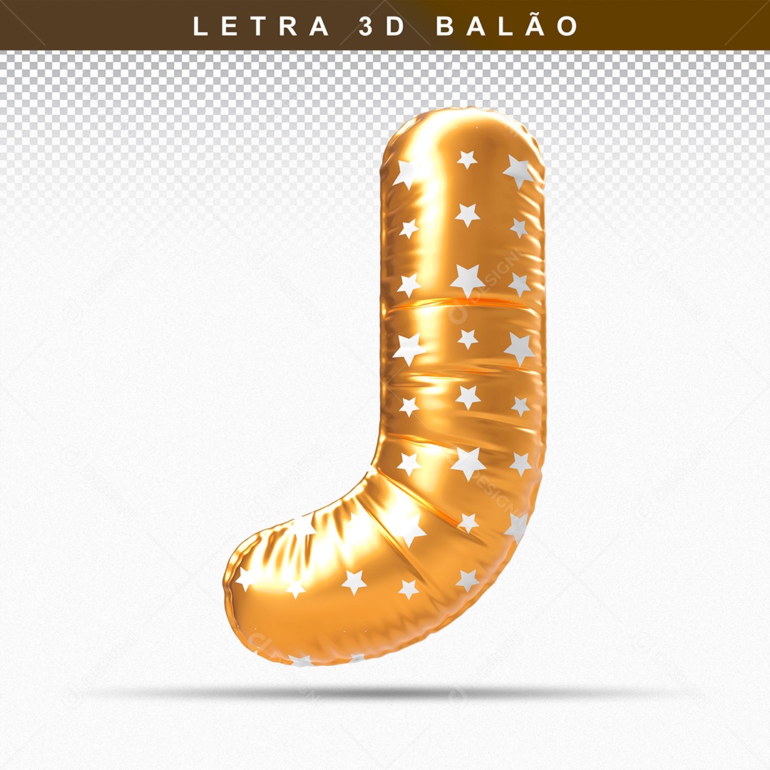 Balão de Letra J Maiúscula Elemento 3D Dourado  para Composição PSD