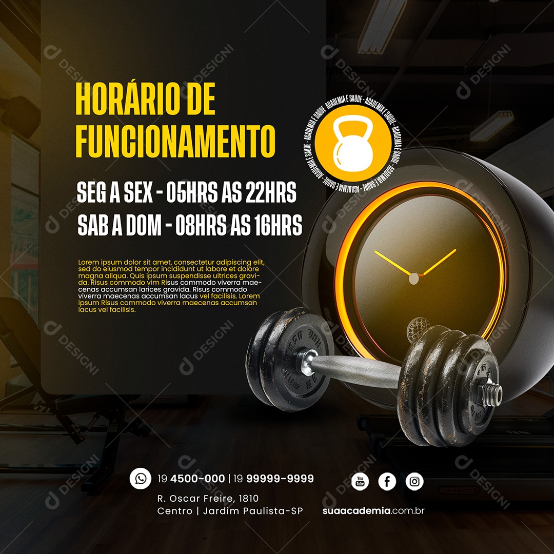 Academia Horário de funcionamento Social Media PSD Editável