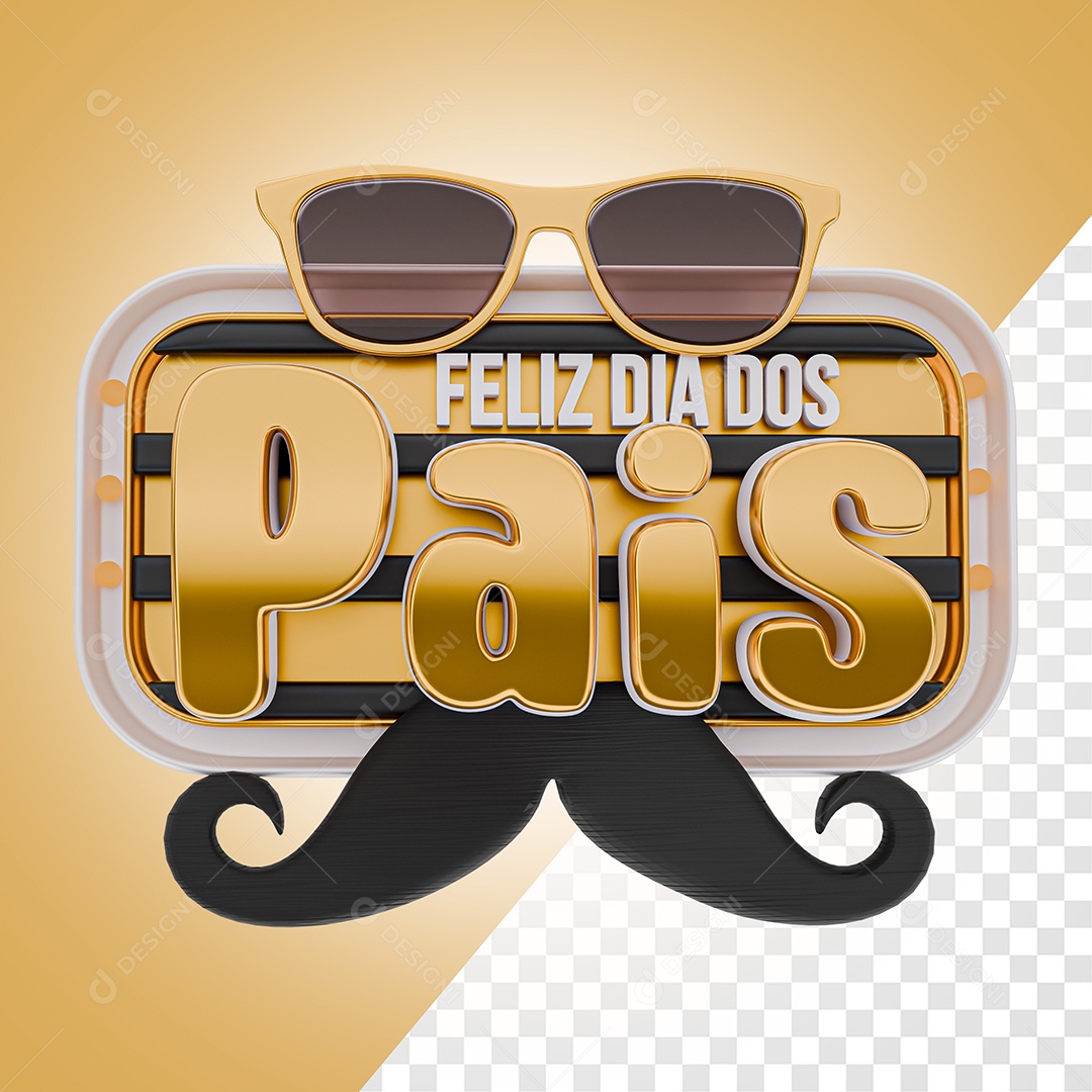 Feliz Dia dos Pais Selo 3D Dourado e Branco para Composição PSD