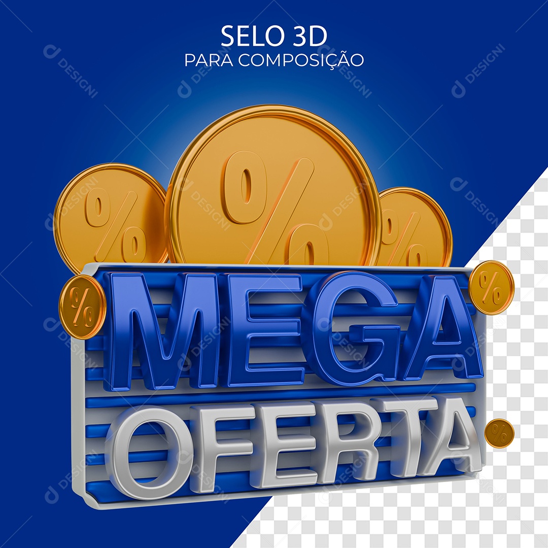 Selo 3D Mega Oferta Azul e Cinza para Composição PSD