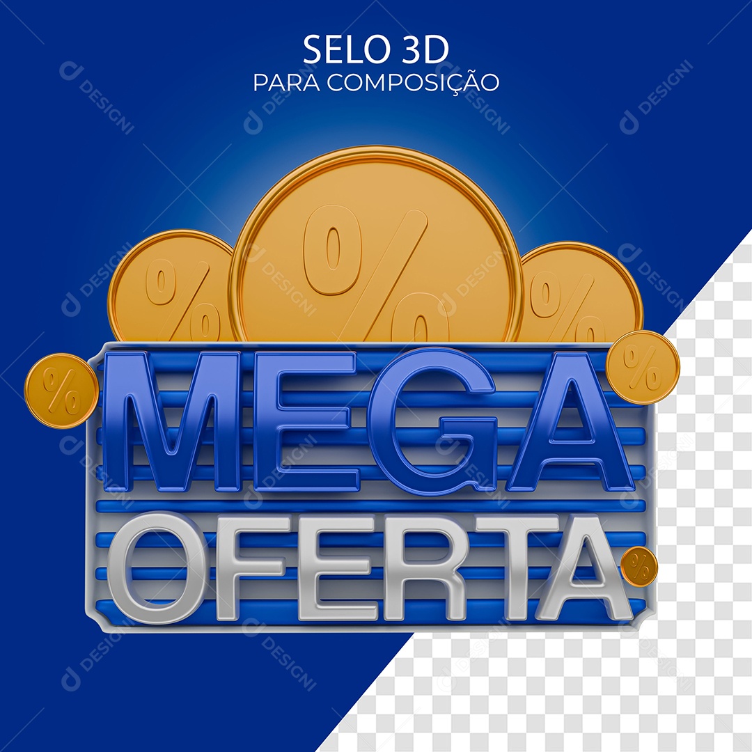 Mega Oferta Selo 3D Azul e Cinza para Composição PSD