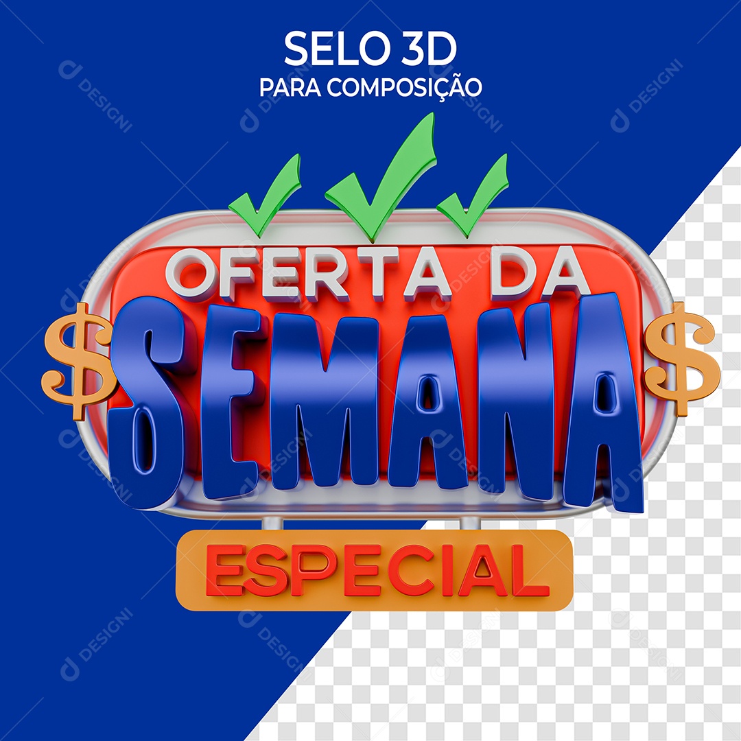 Selo 3D Oferta da Semana Especial Azul e Vermelho para Composição PSD