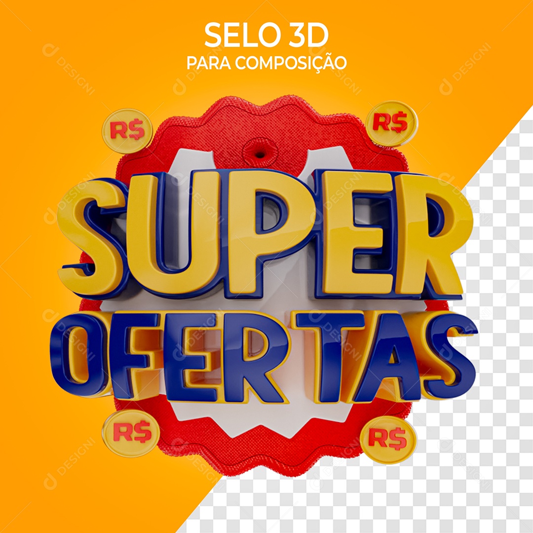 Selo 3D Super Ofertas Amarelo e Azul para Composição PSD