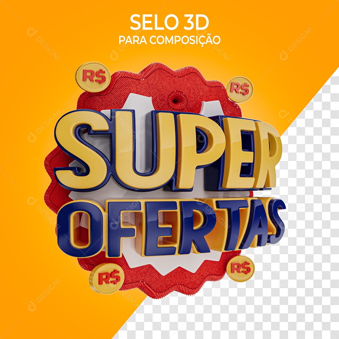 Super Ofertas Selo 3D Amarelo e Azul para Composição PSD