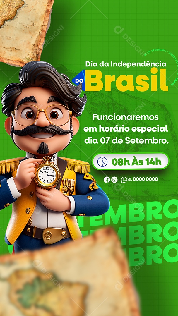 Story Dia da Independência do Brasil 07 de Setembro Funcionaremos em Horário Especiial Social Media PSD Editável