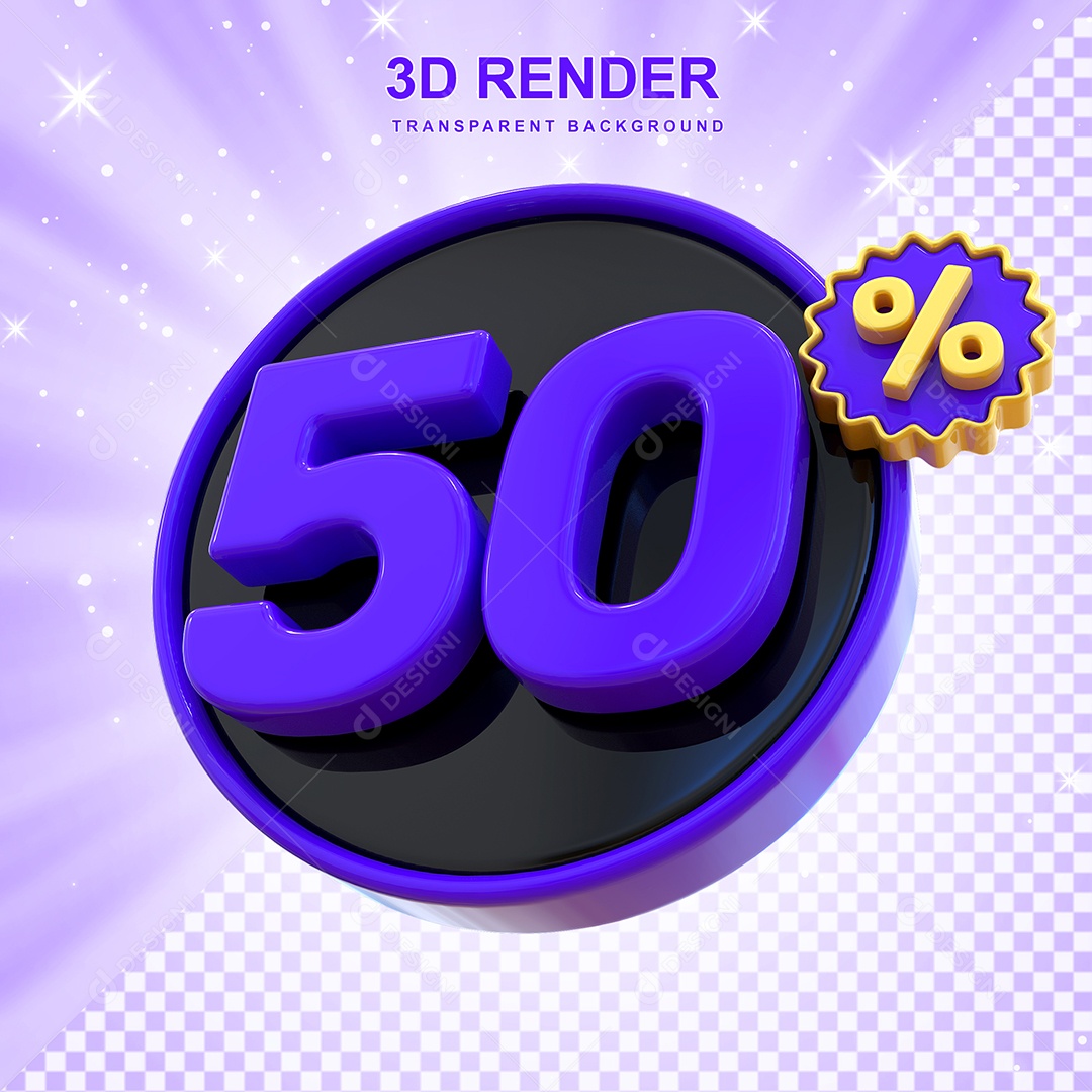 Desconto de 50% Elemento 3D Roxo e Preto para Composição PSD