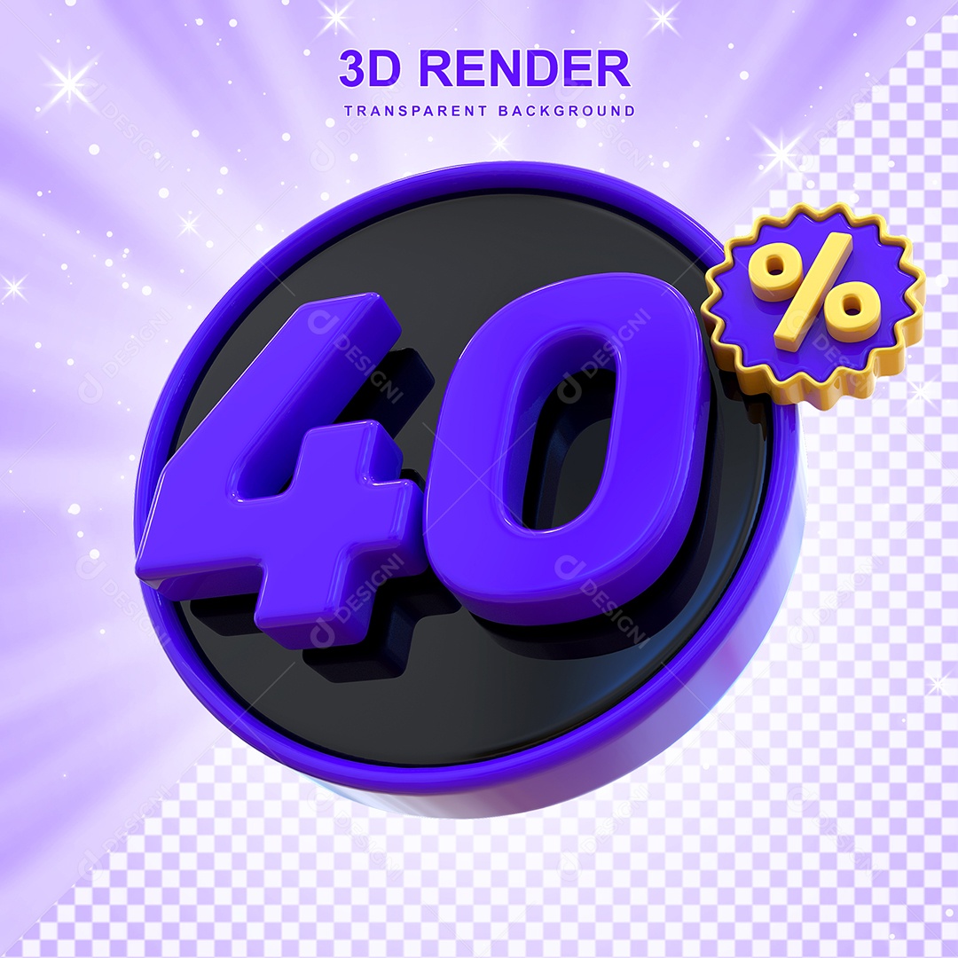 Desconto de 40% Elemento 3D Roxo e Preto para Composição PSD