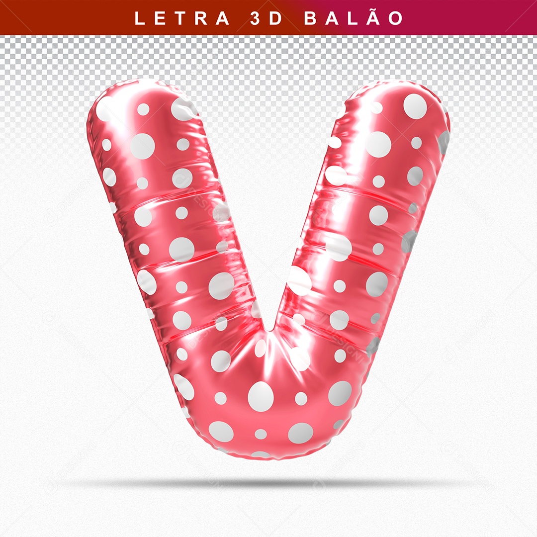 Balão de Letra V Maiúscula Elemento 3D Vermelho para Composição PSD