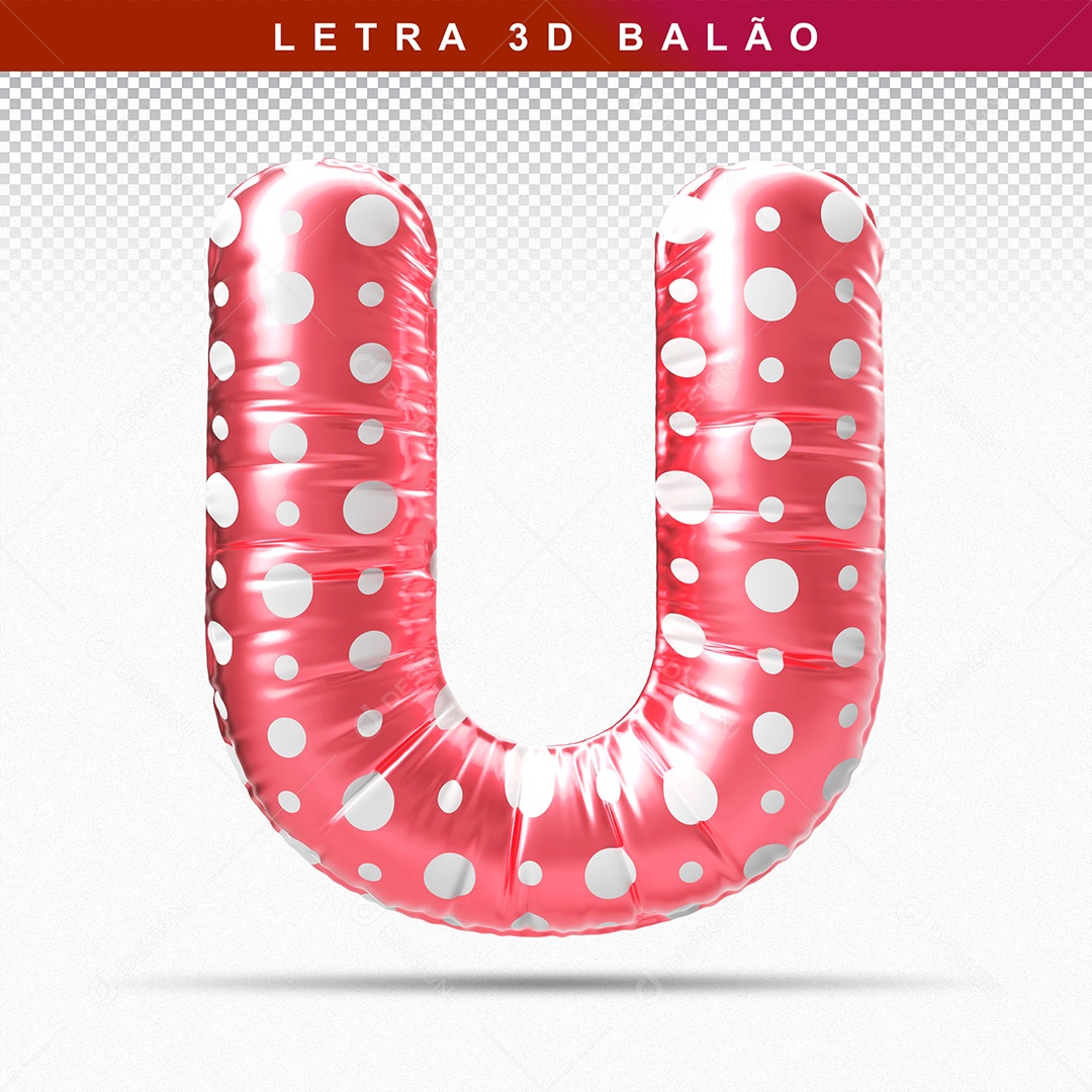 Balão de Letra U Maiúscula Elemento 3D Vermelho para Composição PSD