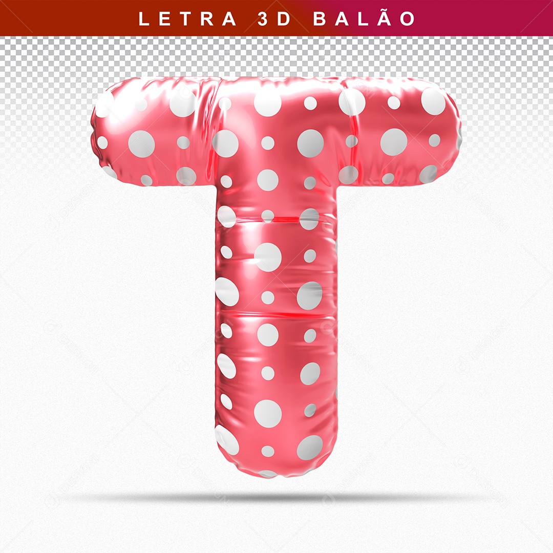 Balão de Letra T Maiúscula Elemento 3D Vermelho para Composição PSD