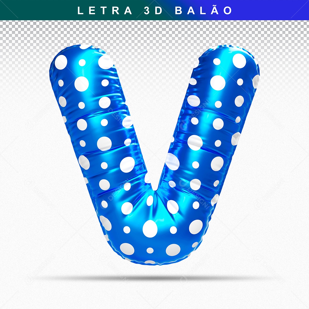 Balão de Letra V Maiúscula Elemento 3D Azul  para Composição PSD