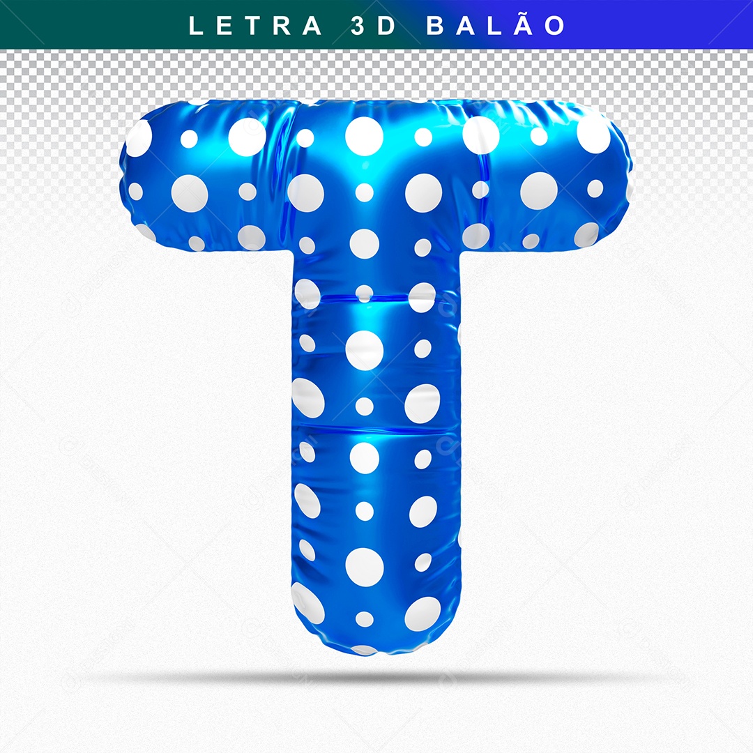 Balão de Letra T Maiúscula Elemento 3D Azul  para Composição PSD
