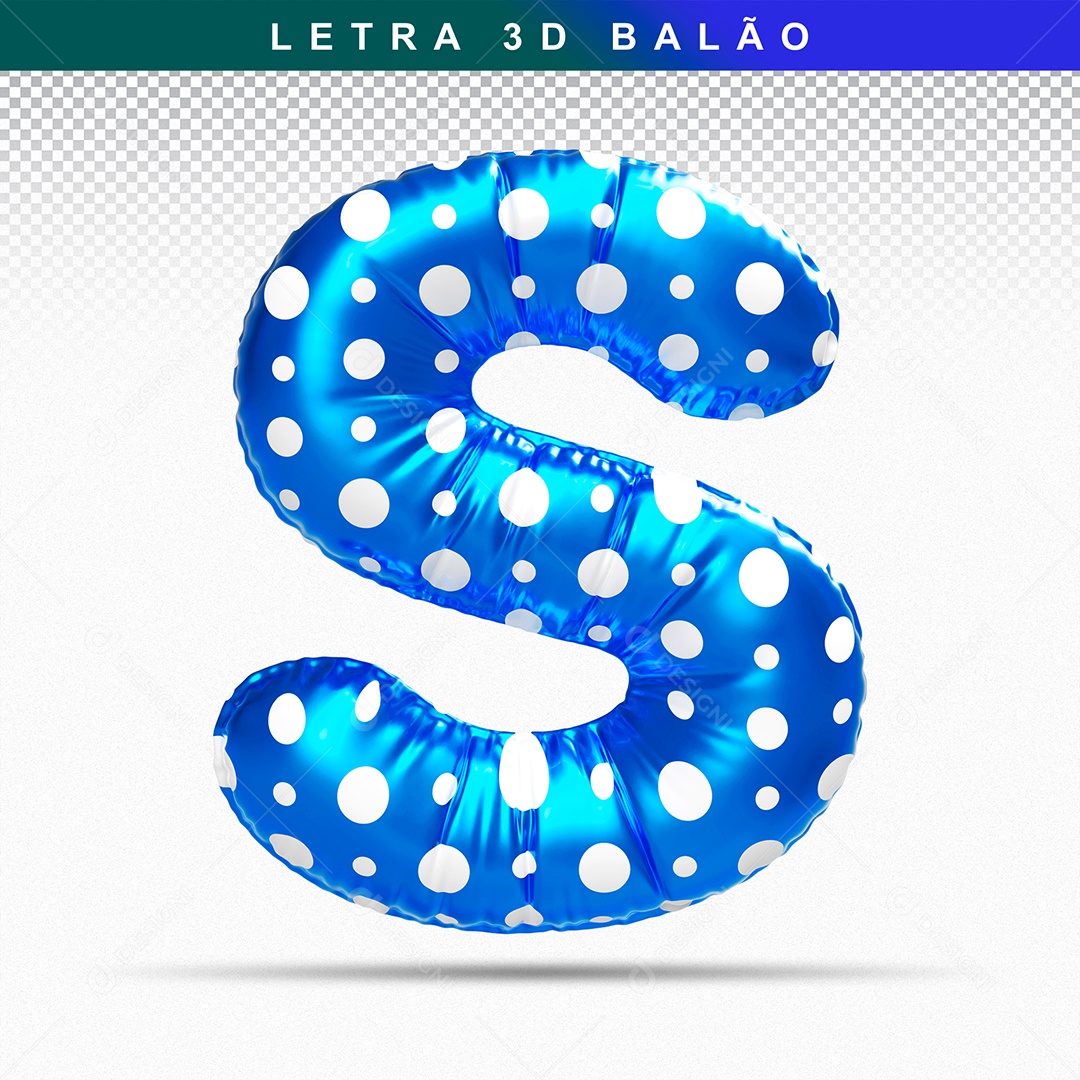 Balão de Letra S Maiúscula Elemento 3D Azul  para Composição PSD