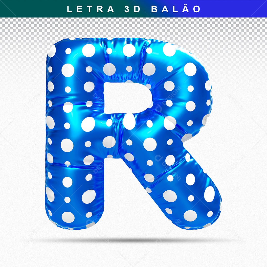 Balão de Letra R Maiúscula Elemento 3D Azul  para Composição PSD