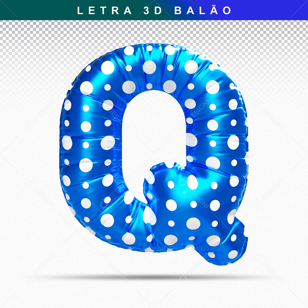 Balão de Letra Q Maiúscula Elemento 3D Azul  para Composição PSD