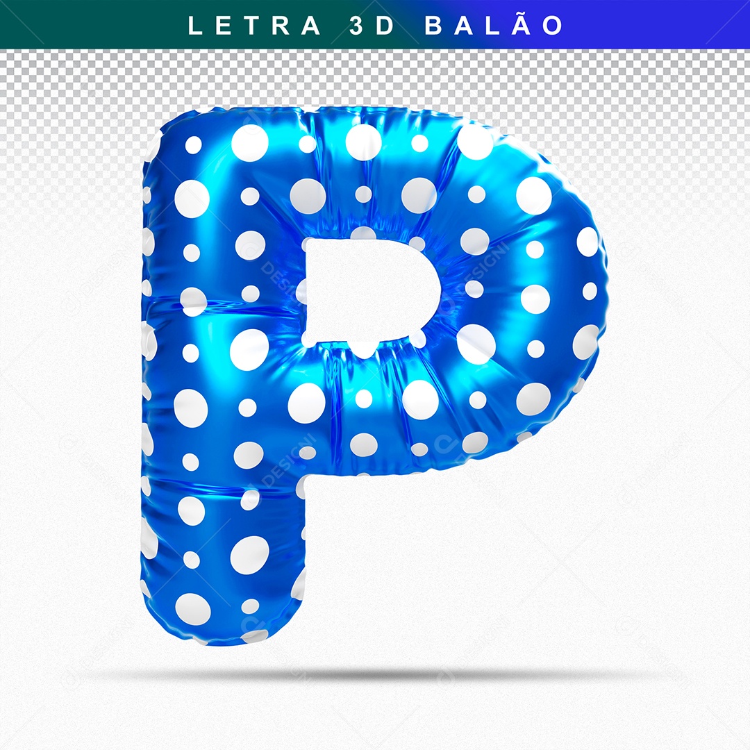 Balão de Letra P Maiúscula Elemento 3D Azul para Composição PSD