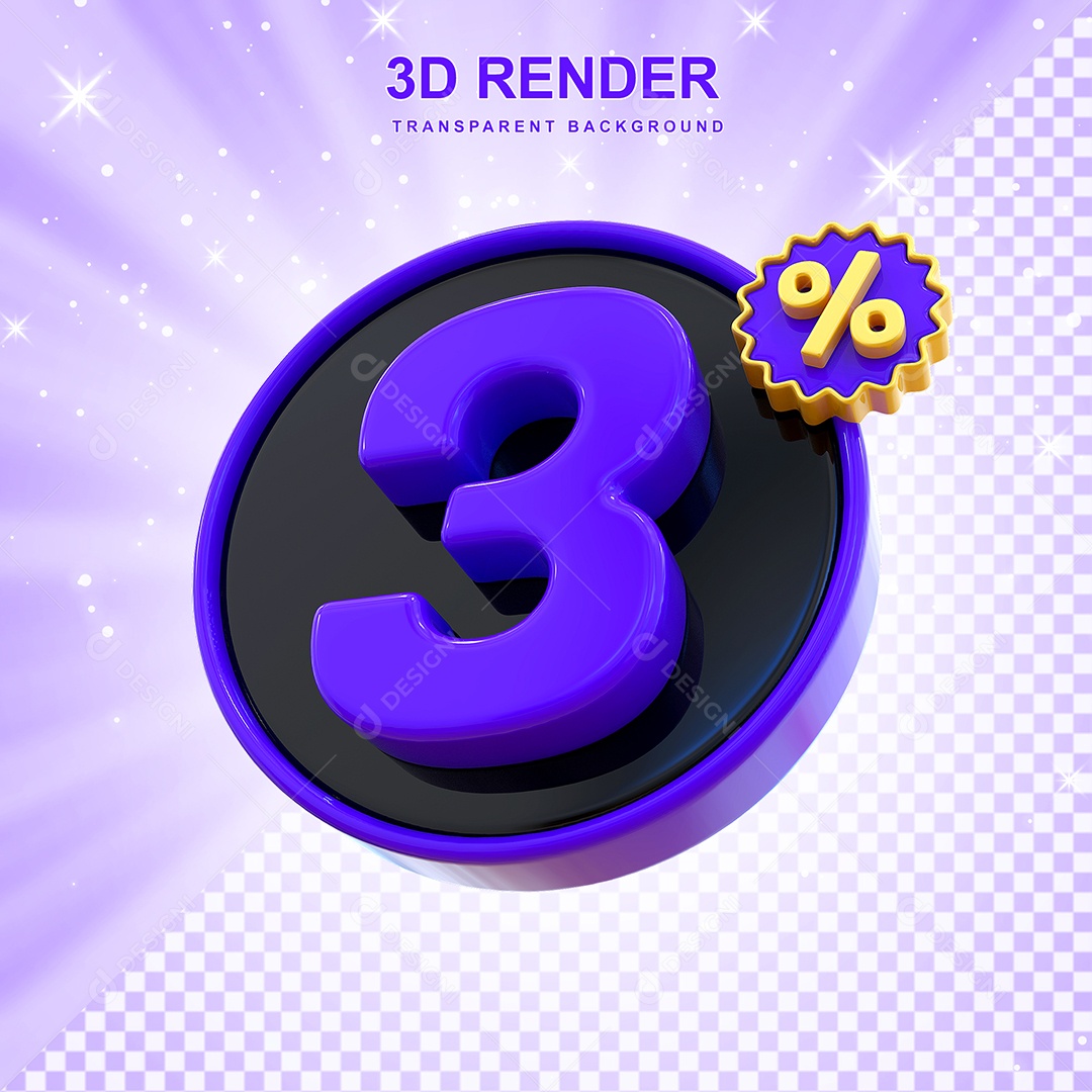 Desconto de 3% Elemento 3D Roxo e Preto para Composição PSD