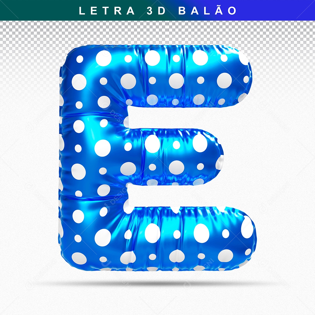Balão de Letra E Maiúscula Elemento 3D Azul para Composição PSD