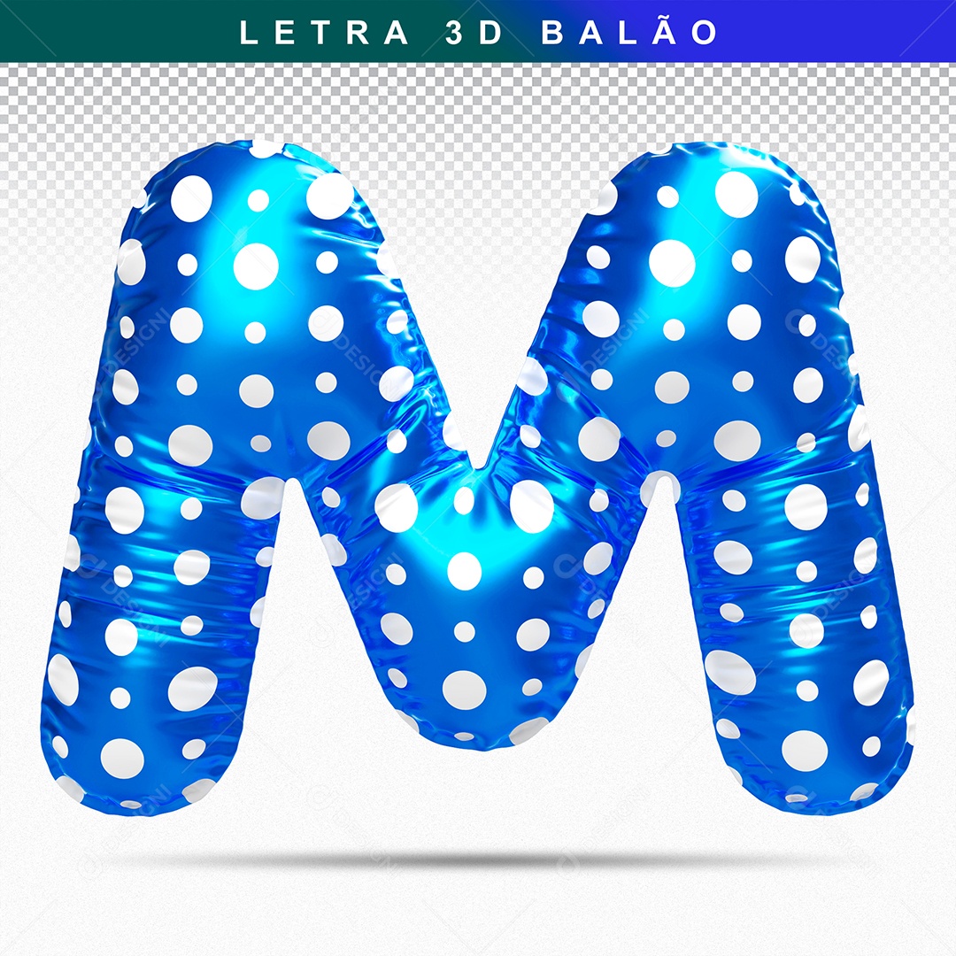 Balão de Letra M Maiúscula Elemento 3D Azul para Composição PSD