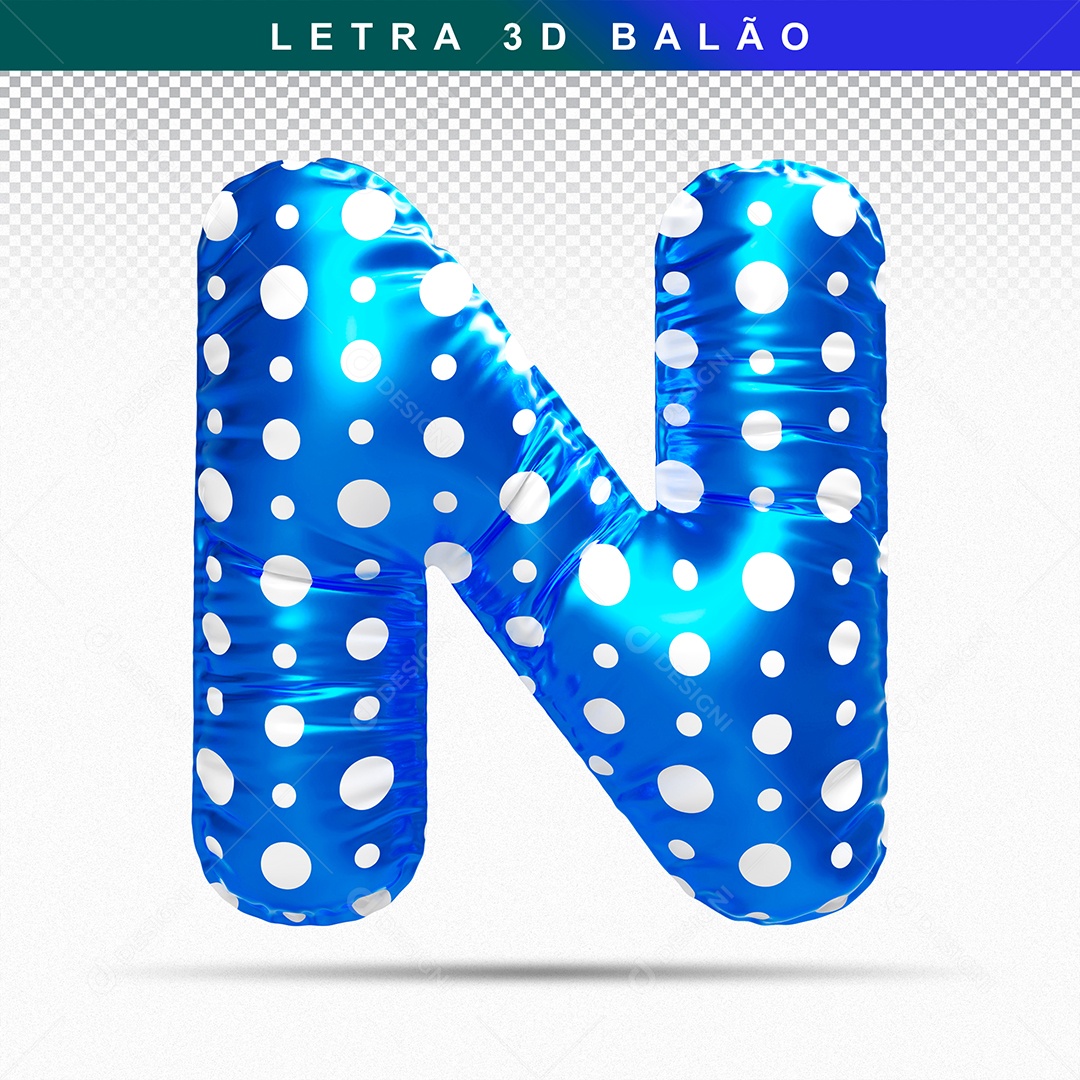 Balão de Letra N Maiúscula Elemento 3D Azul para Composição PSD