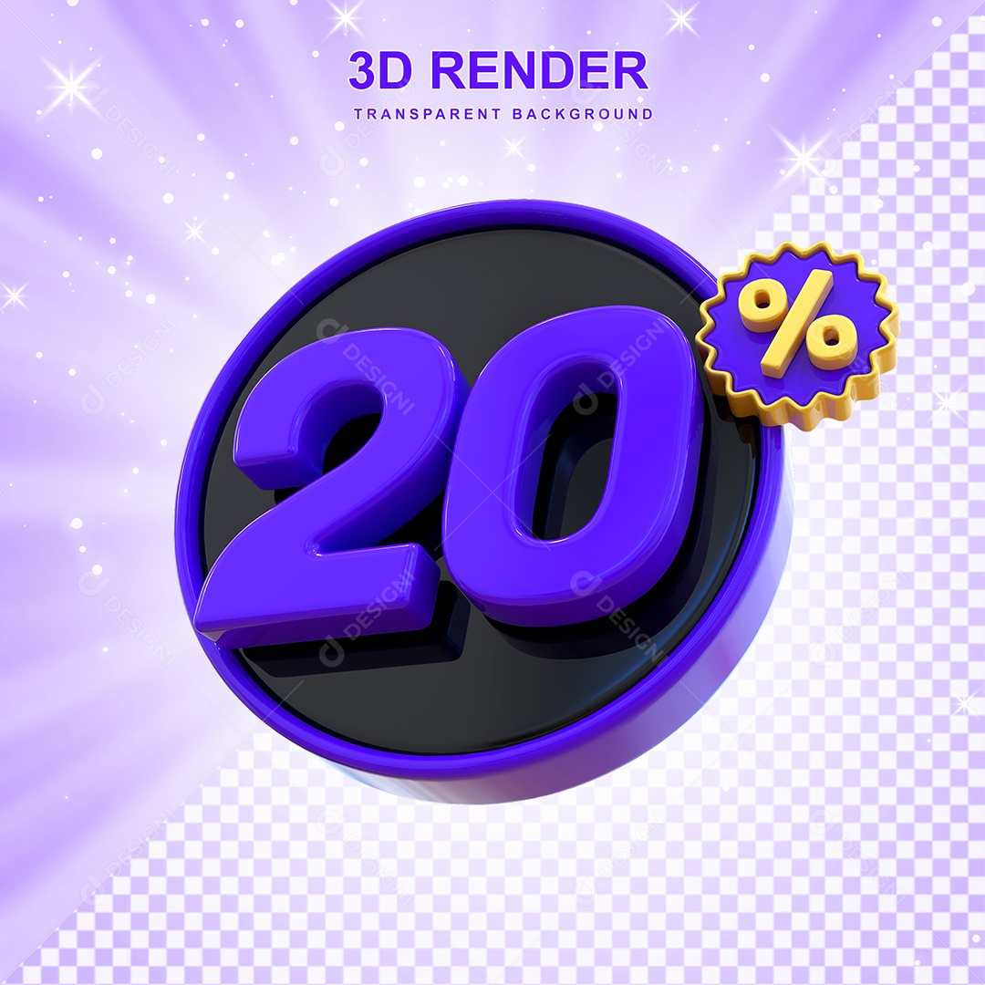Desconto de 20% Elemento 3D Roxo e Preto para Composição PSD