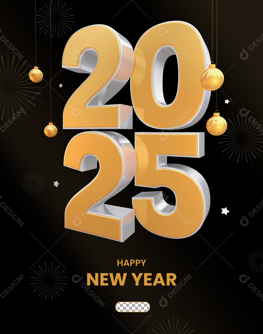 Ano Novo 2025 Elemento 3D Dourado para Composição PSD