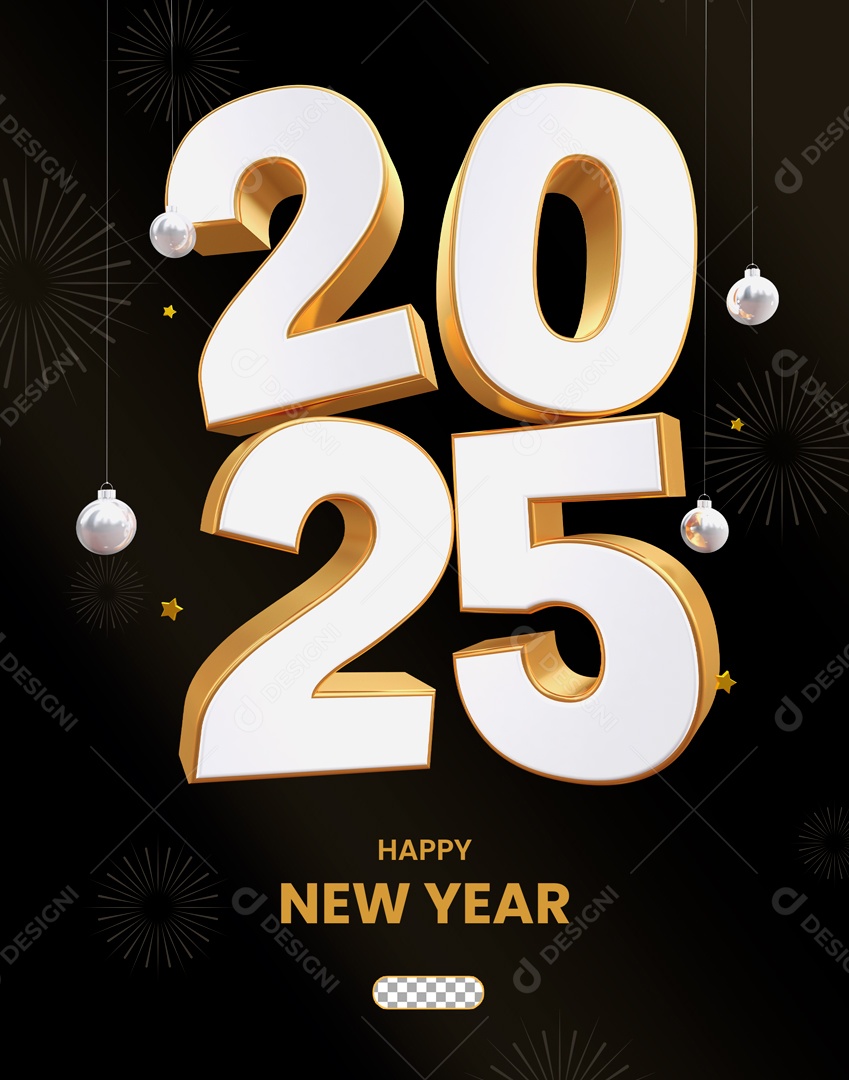 Número 2025 Elemento 3D Branco e Dourado para Composição PSD