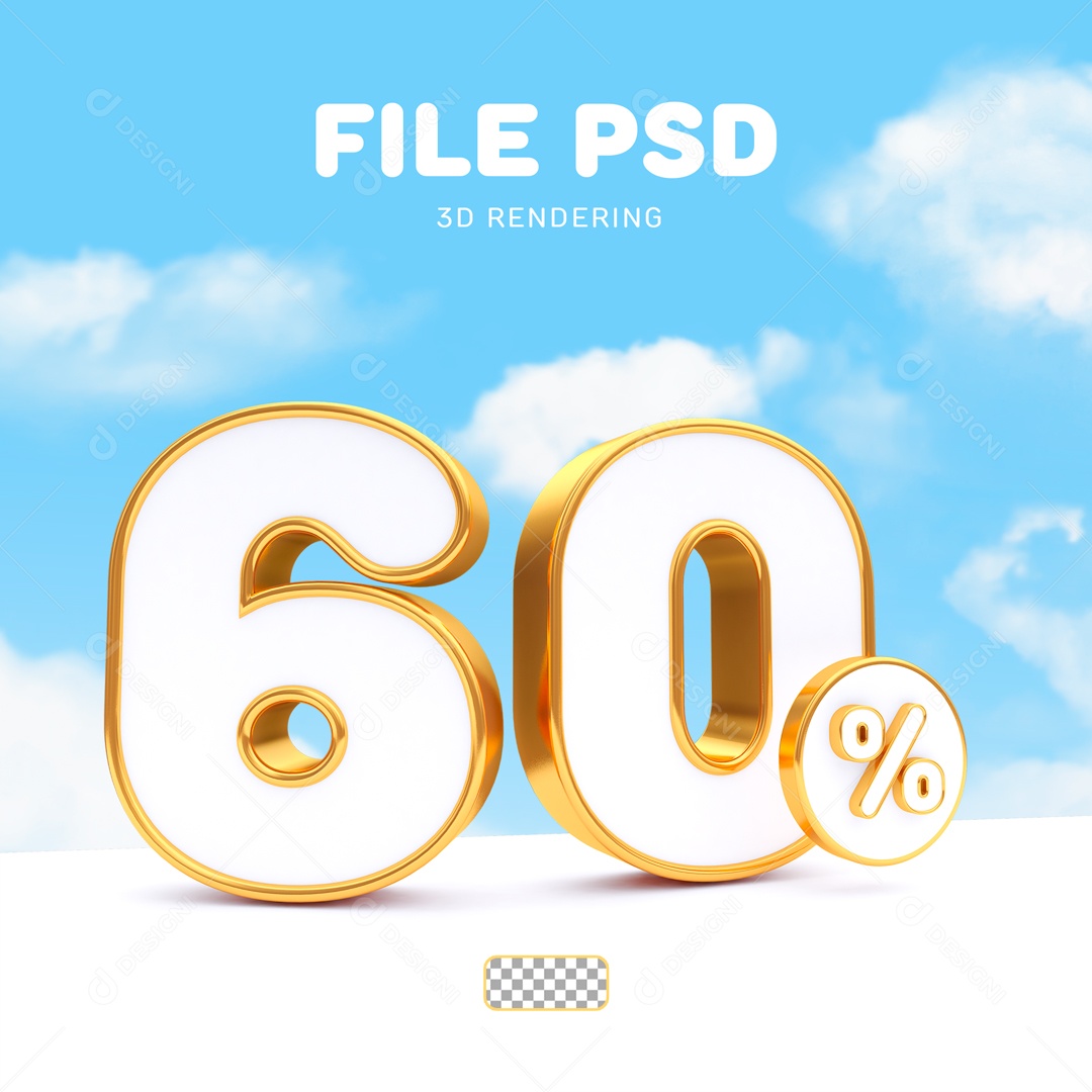 Desconto 60% Elemento 3D Branco e Dourado para Composição PSD